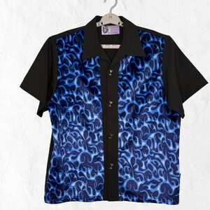 Casino Wear Button Down Shirt Mens XL Blue Black Excellent Velvet Flame Martini